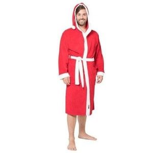 Mens Santa Robe Christmas Hooded S/M Red White Plush Long Sleeve Collar Belted